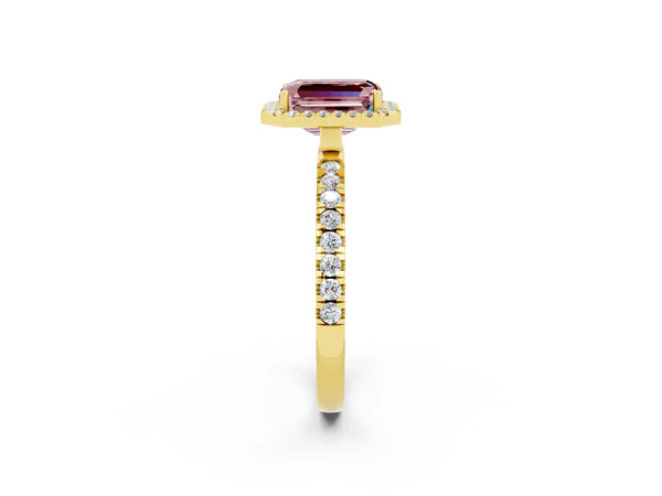 Yellow gold Emerald Cut Halo Diamond Pave Band with Prong Setting
