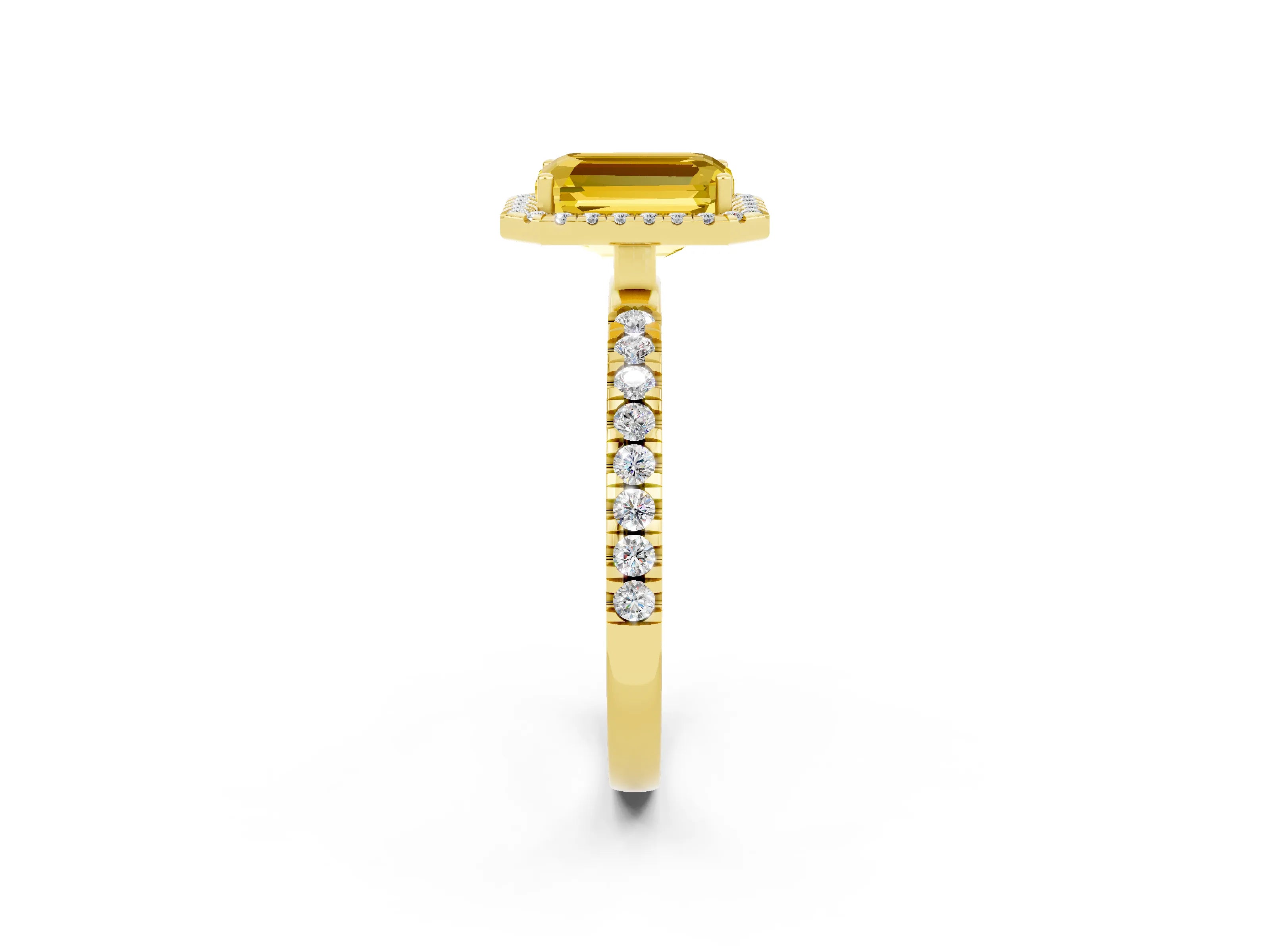 Yellow gold Emerald Cut Halo Diamond Pave Band with Prong Setting_2