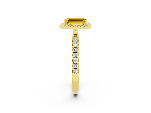 Yellow gold Emerald Cut Yellow Sapphire Classic Halo Engagement Ring with Round Pavé Band and Prong Setting