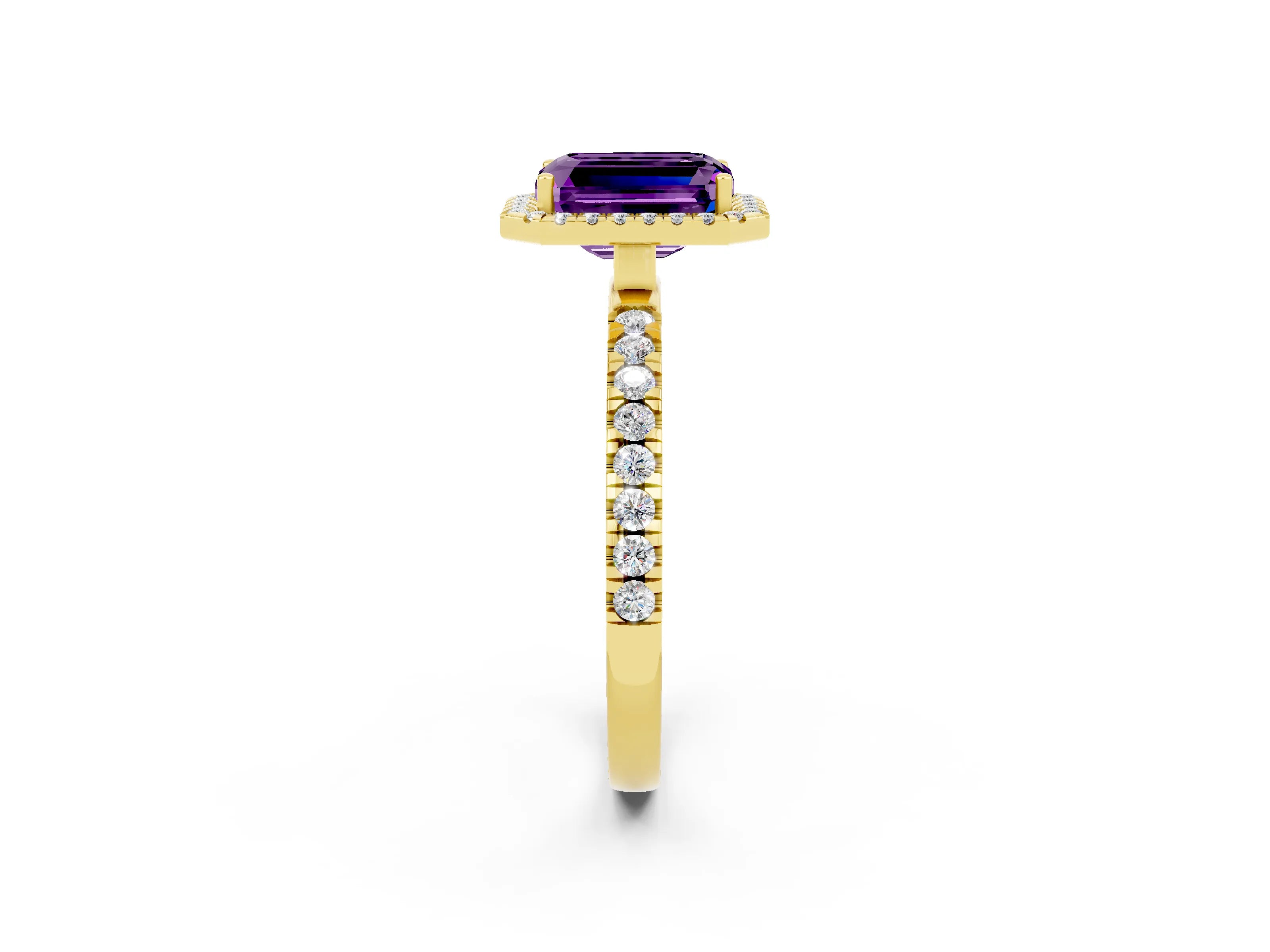 Yellow gold Emerald Cut Halo Diamond Pave Band with Prong Setting_2