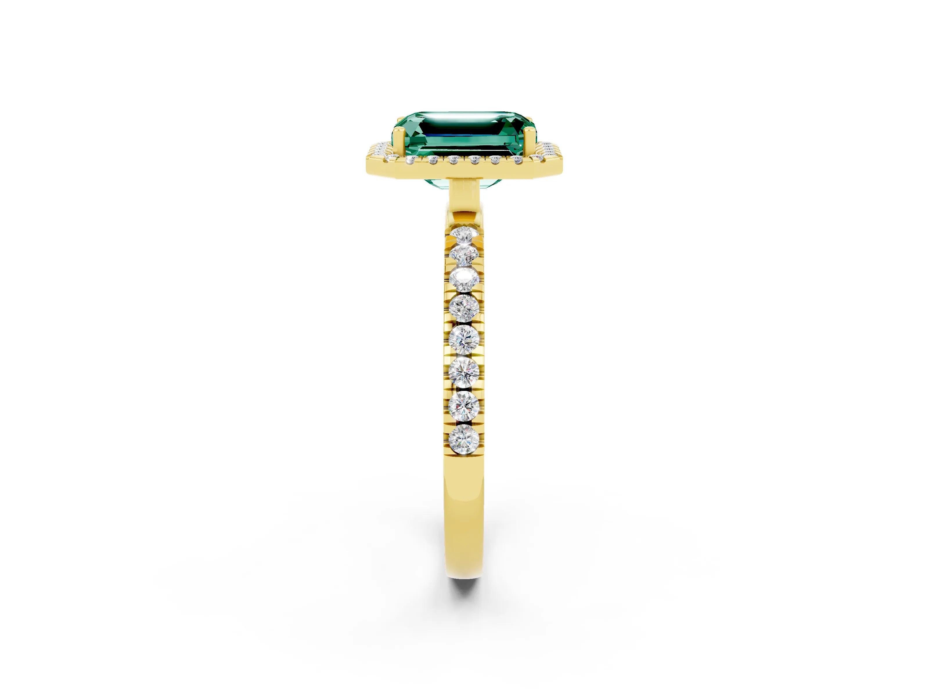 Yellow gold Emerald Cut Halo Diamond Pave Band with Prong Setting_2