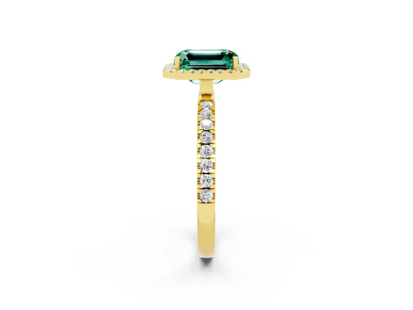 Yellow gold Emerald Cut Green Sapphire Classic Halo Engagement Ring with Round Pavé Band and Prong Setting
