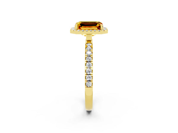 Yellow gold Emerald Cut Citrine Classic Halo Engagement Ring with Round Pavé Band and Prong Setting