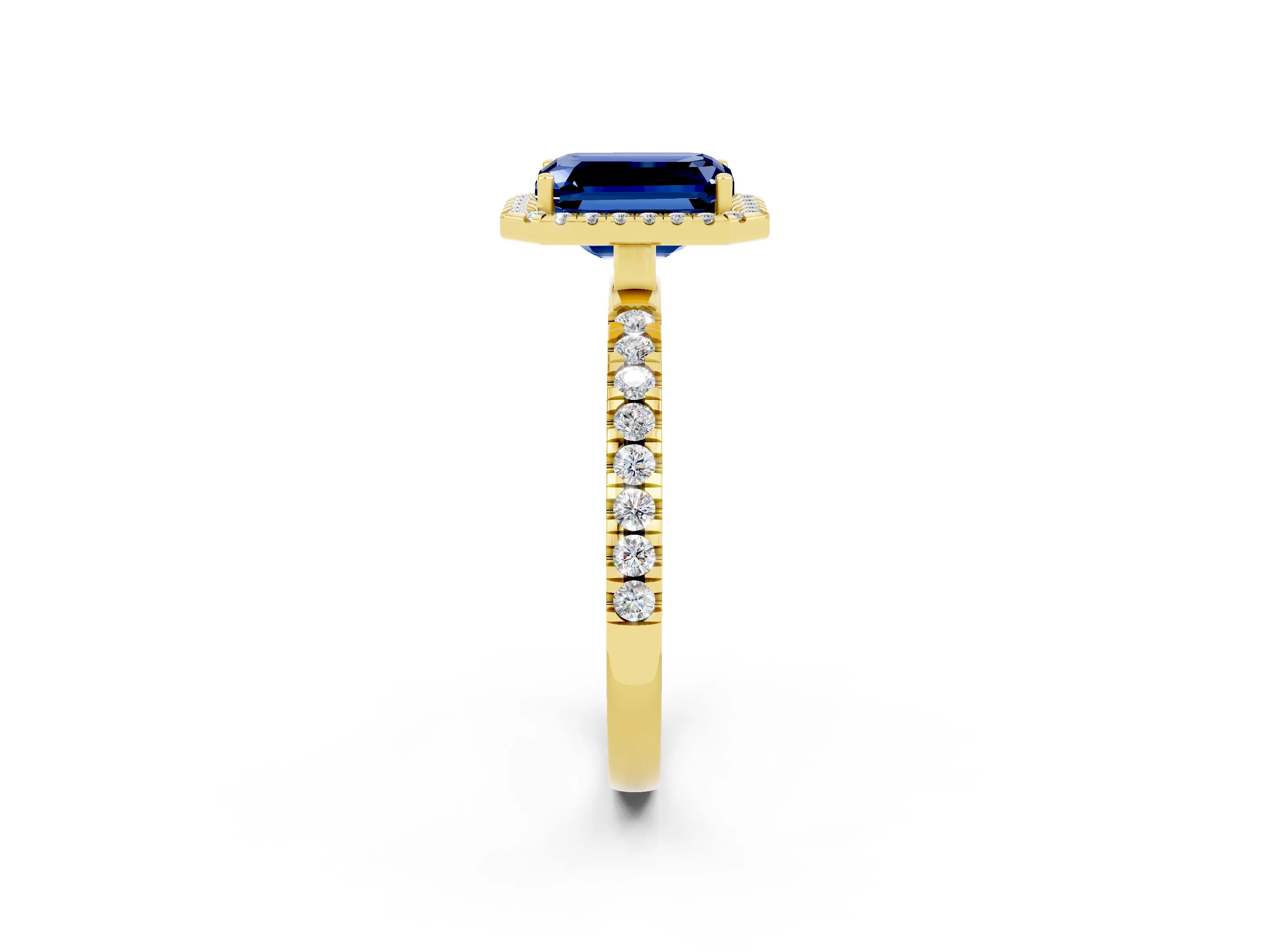 Yellow gold Emerald Cut Halo Diamond Pave Band with Prong Setting_2