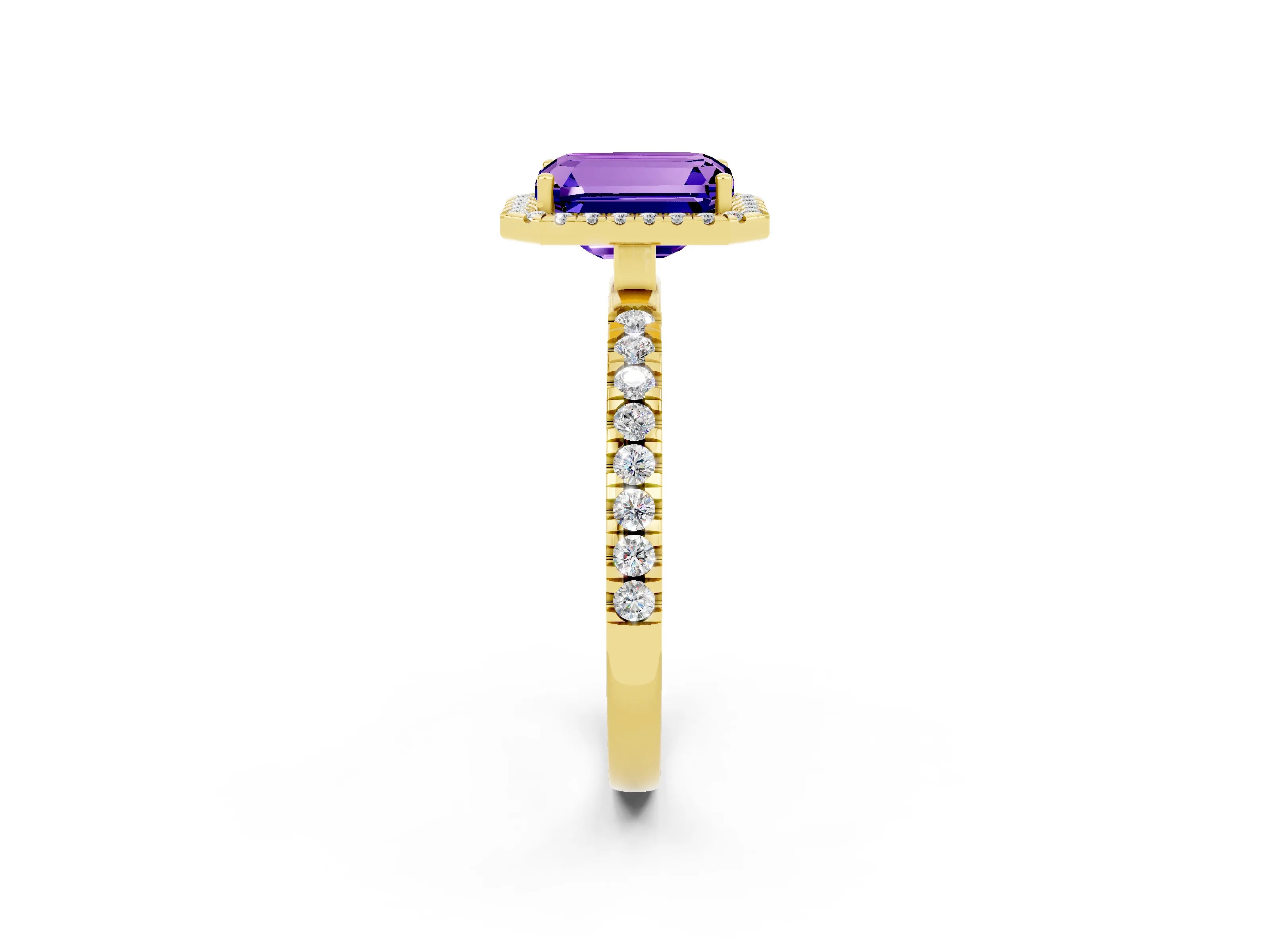 Yellow gold Emerald Cut Halo Diamond Pave Band with Prong Setting_2