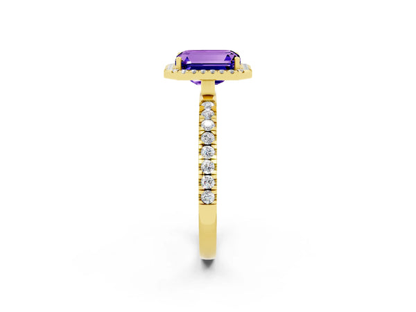 Yellow gold Emerald Cut Tanzanite Classic Halo Engagement Ring with Round Pavé Band and Prong Setting