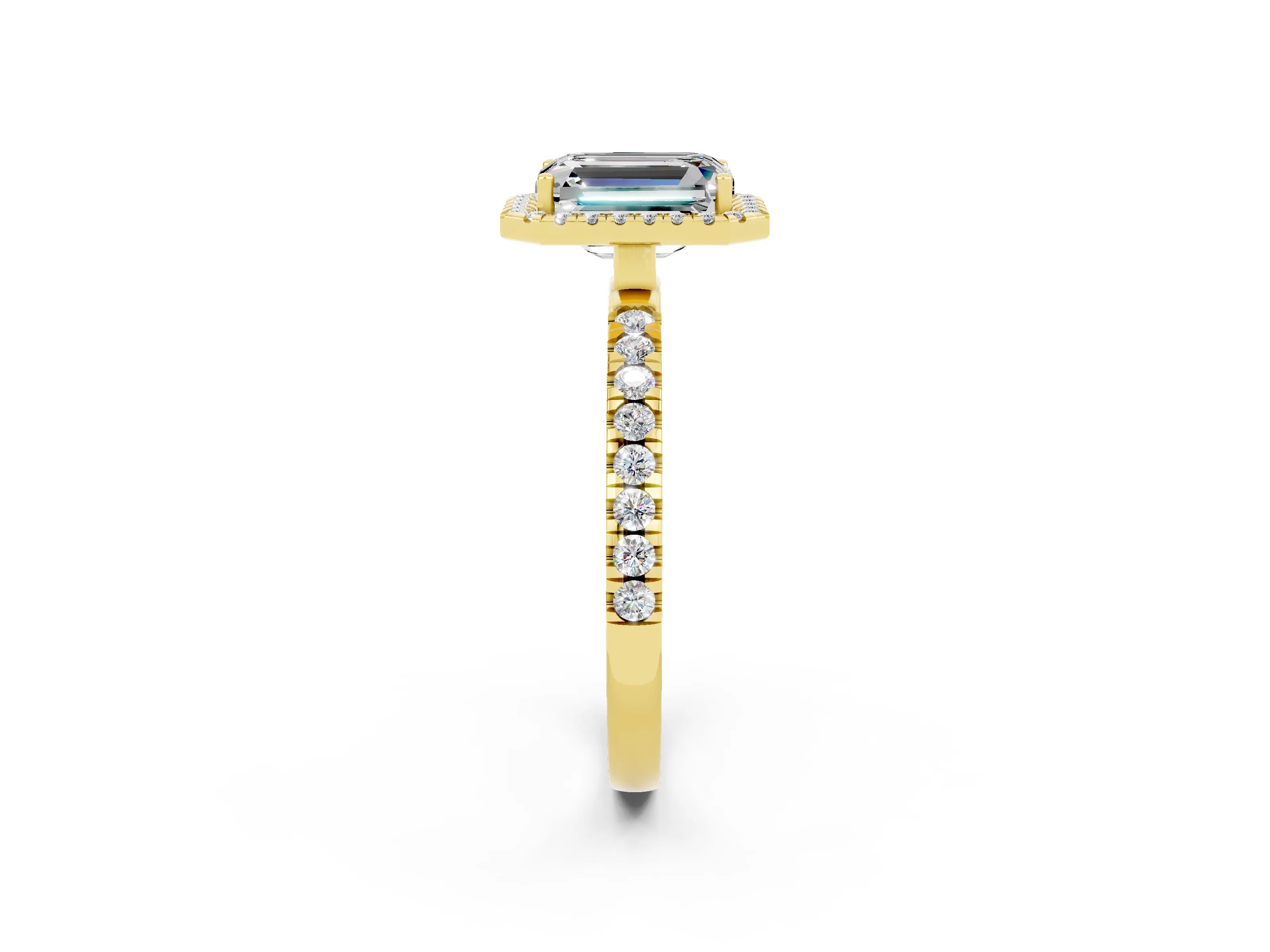 Yellow gold Emerald Cut Halo Diamond Pave Band with Prong Setting_2