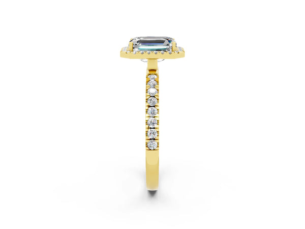 Yellow gold Emerald Cut Moissanite Classic Halo Engagement Ring with Round Pavé Band and Prong Setting