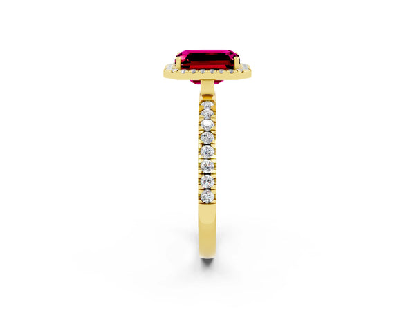 Yellow gold Emerald Cut Garnet Classic Halo Engagement Ring with Round Pavé Band and Prong Setting