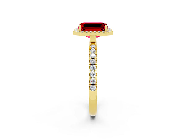 Yellow gold Emerald Cut Halo Diamond Pave Band with Prong Setting