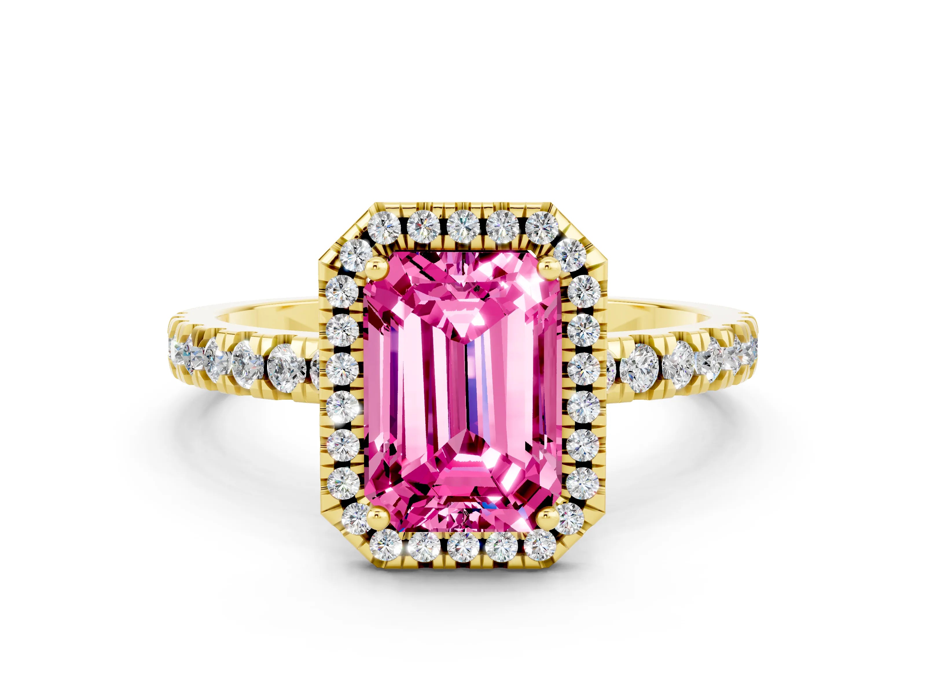 Yellow gold Emerald Cut Halo Diamond Pave Band with Prong Setting