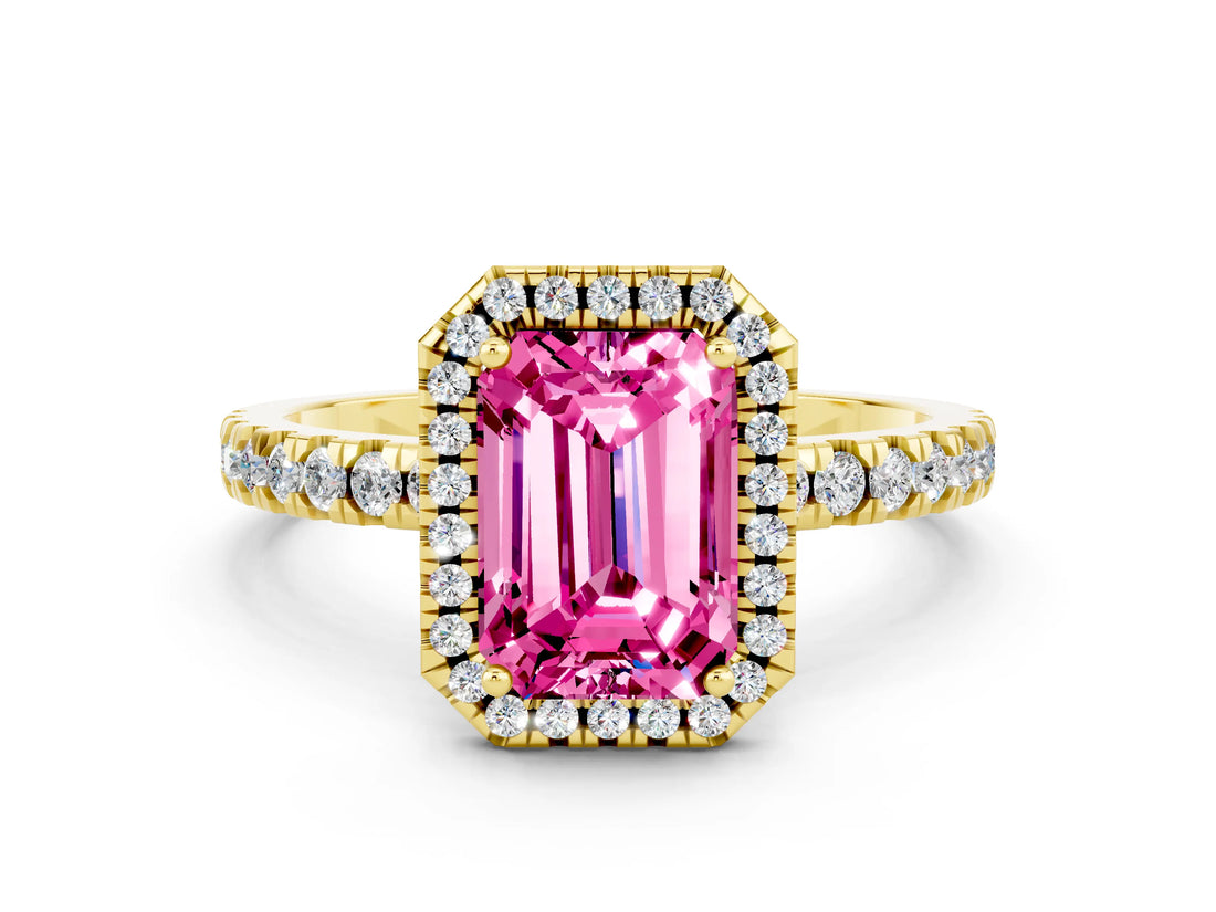 Yellow gold Emerald Cut Halo Diamond Pave Band with Prong Setting