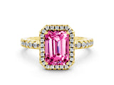 Yellow gold Emerald Cut Halo Diamond Pave Band with Prong Setting