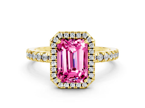 Yellow gold Emerald Cut Halo Diamond Pave Band with Prong Setting