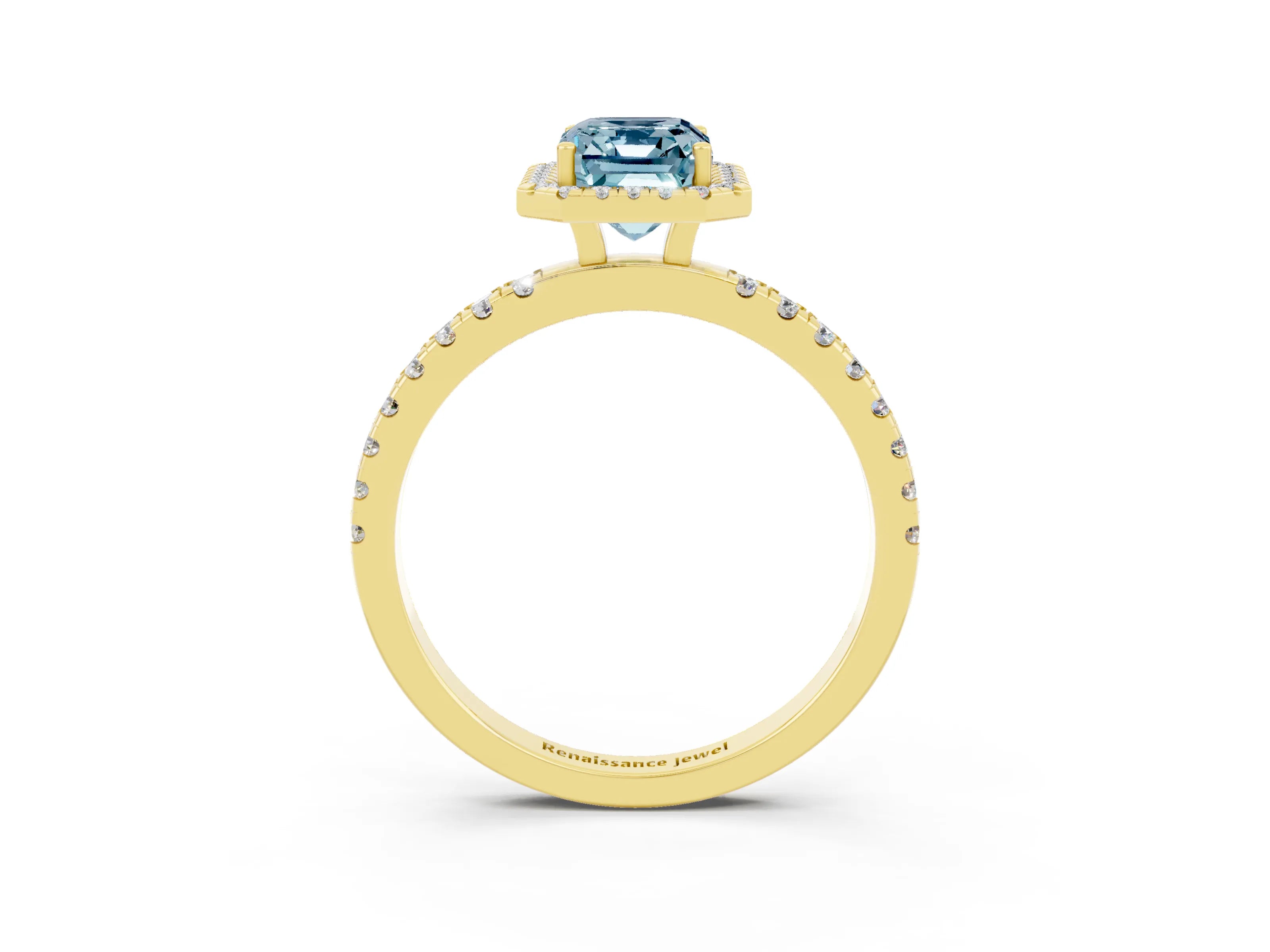 Yellow gold Emerald Cut Halo Diamond Pave Band with Prong Setting_3
