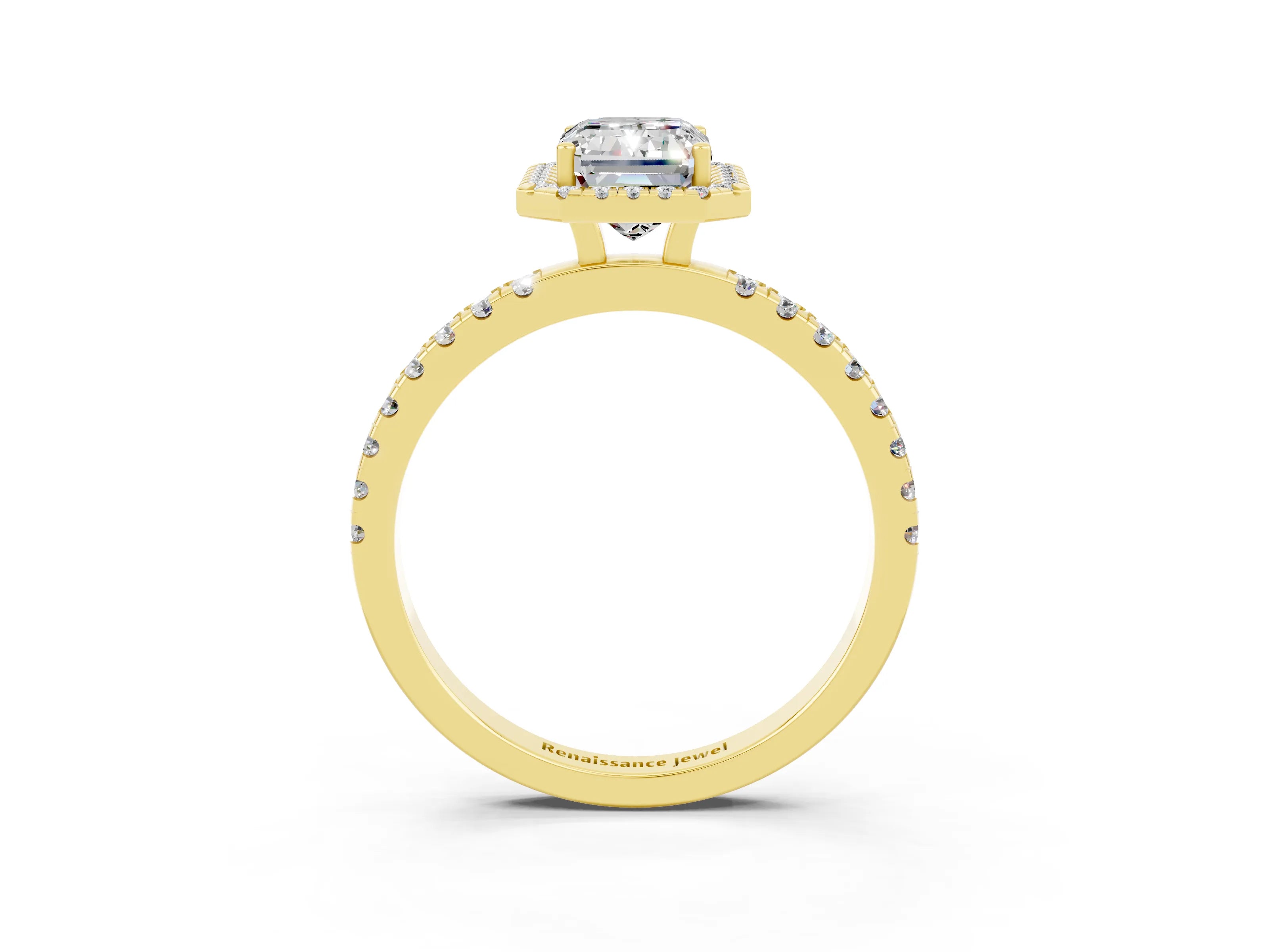 Yellow gold Emerald Cut Halo Diamond Pave Band with Prong Setting_3