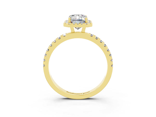 Yellow gold Emerald Cut Moissanite Classic Halo Engagement Ring with Round Pavé Band and Prong Setting