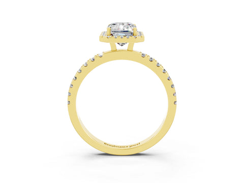 Yellow gold Emerald Cut Halo Diamond Pave Band with Prong Setting_3