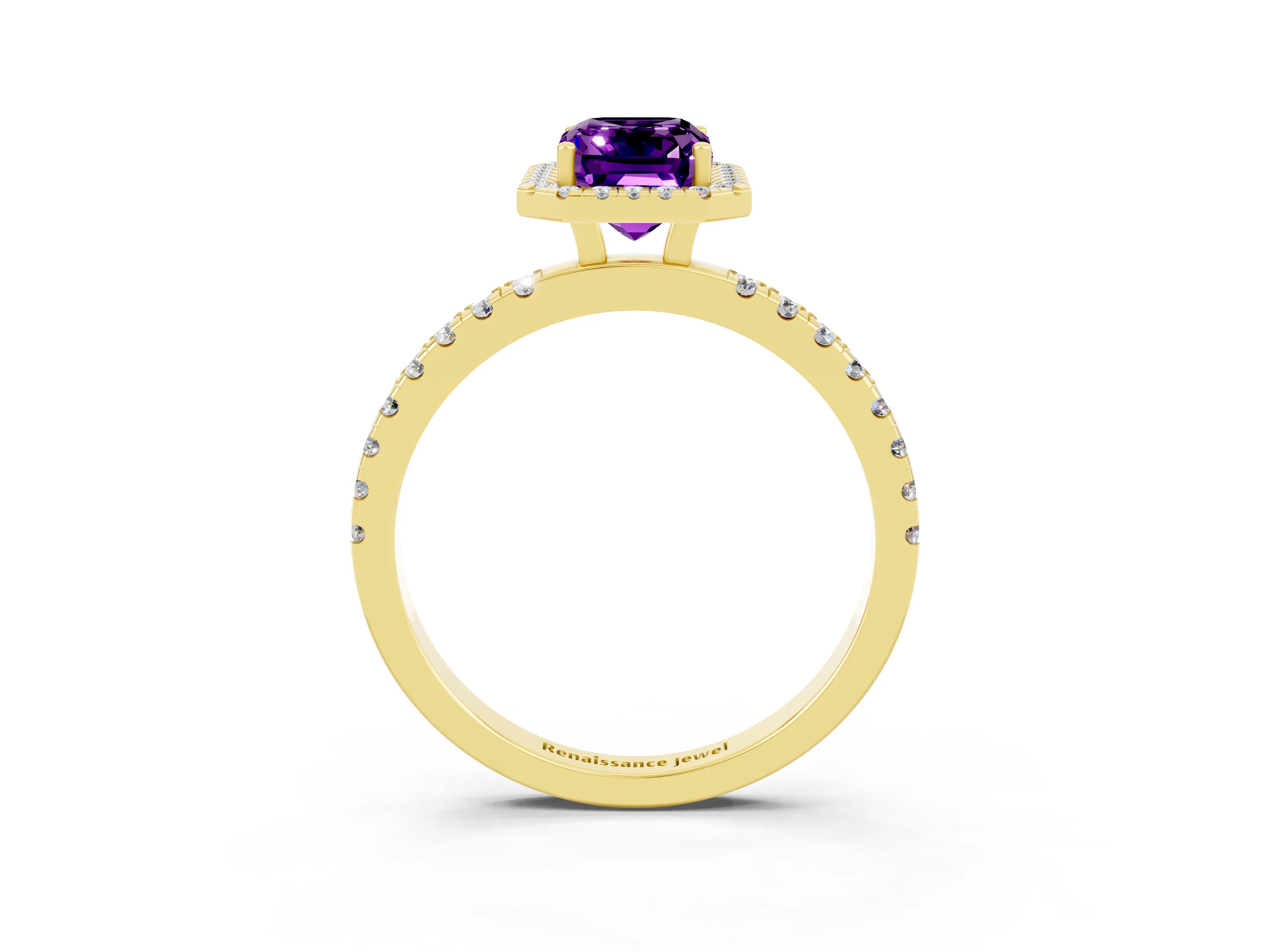 Yellow gold Emerald Cut Halo Diamond Pave Band with Prong Setting_3