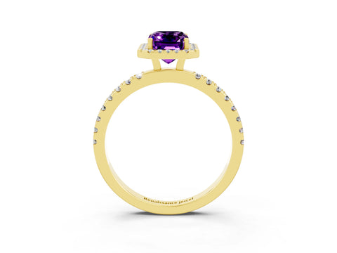Yellow gold Emerald Cut Halo Diamond Pave Band with Prong Setting_3