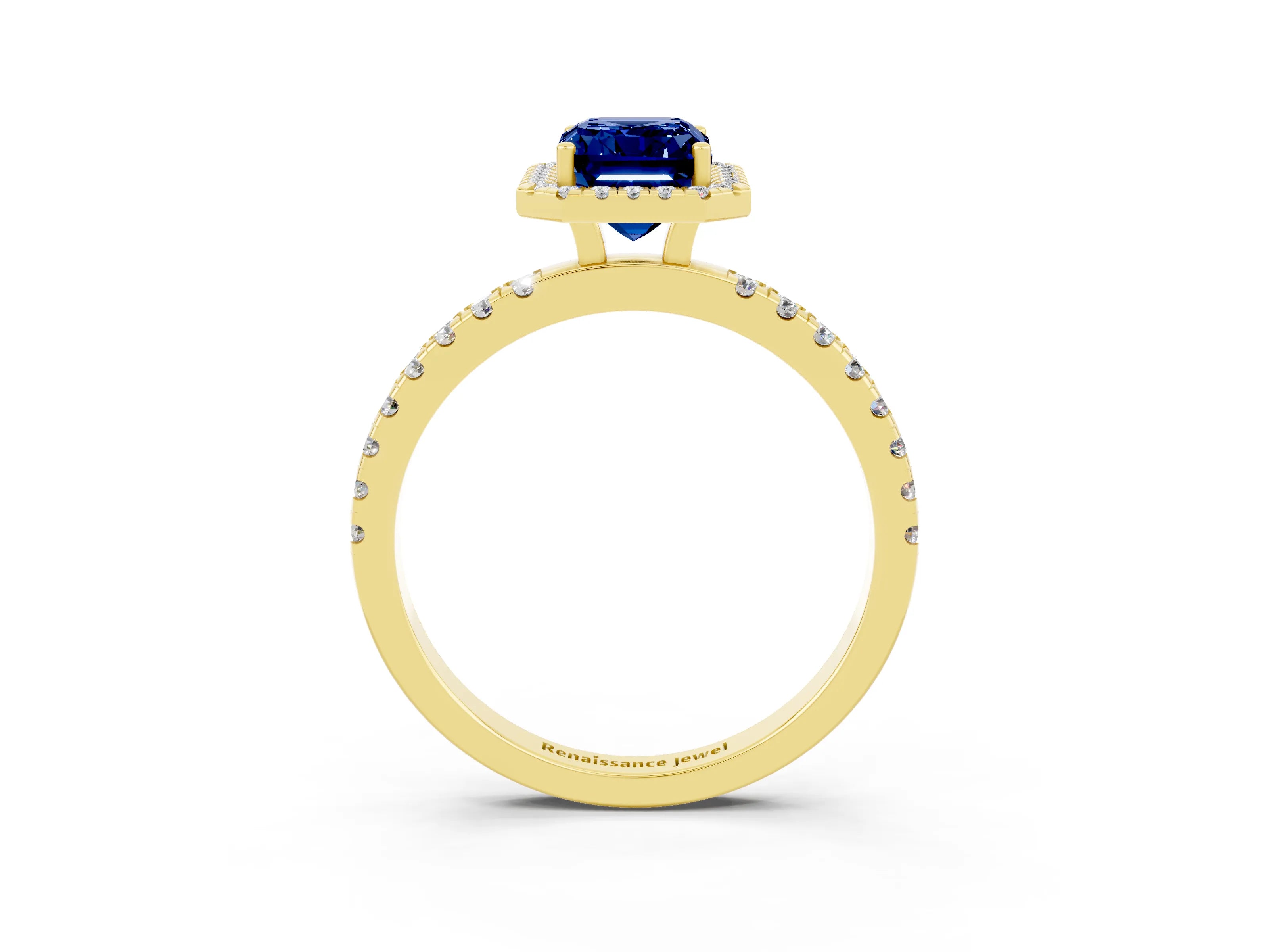 Yellow gold Emerald Cut Halo Diamond Pave Band with Prong Setting_3