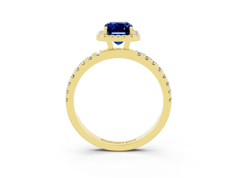 Yellow gold Emerald Cut Halo Diamond Pave Band with Prong Setting_3