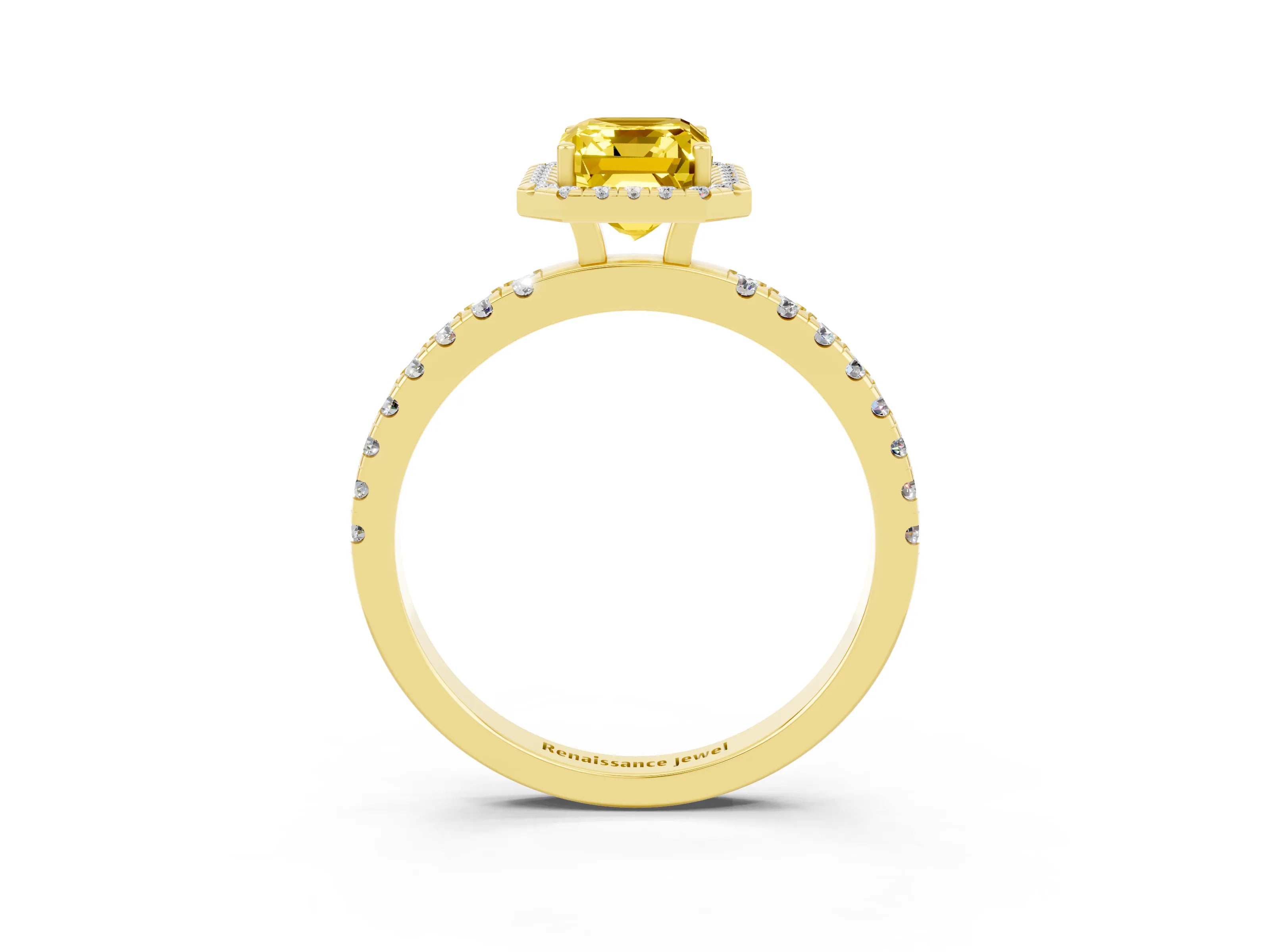 Yellow gold Emerald Cut Halo Diamond Pave Band with Prong Setting_3