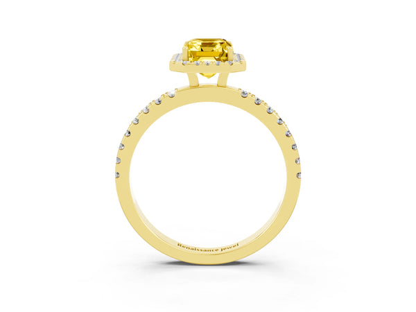 Yellow gold Emerald Cut Yellow Sapphire Classic Halo Engagement Ring with Round Pavé Band and Prong Setting