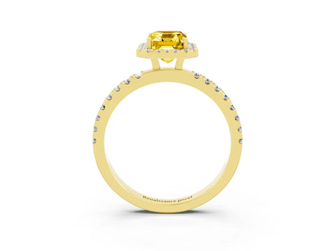 Yellow gold Emerald Cut Halo Diamond Pave Band with Prong Setting_3
