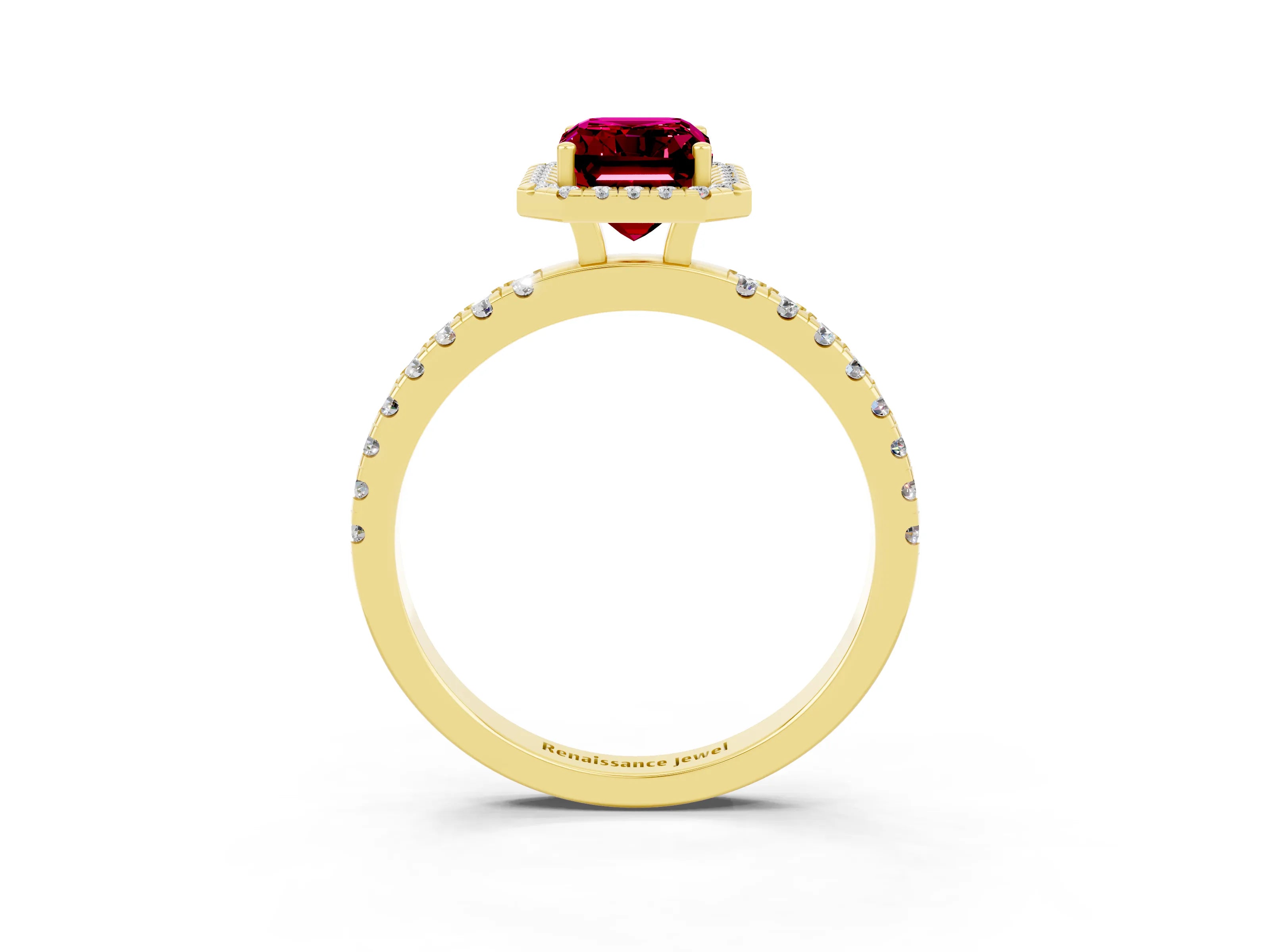 Yellow gold Emerald Cut Halo Diamond Pave Band with Prong Setting_3