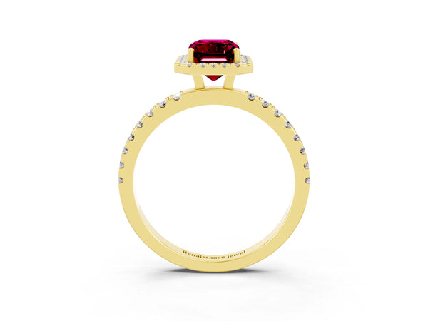 Yellow gold Emerald Cut Garnet Classic Halo Engagement Ring with Round Pavé Band and Prong Setting