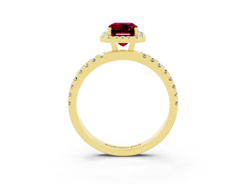 Yellow gold Emerald Cut Halo Diamond Pave Band with Prong Setting_3