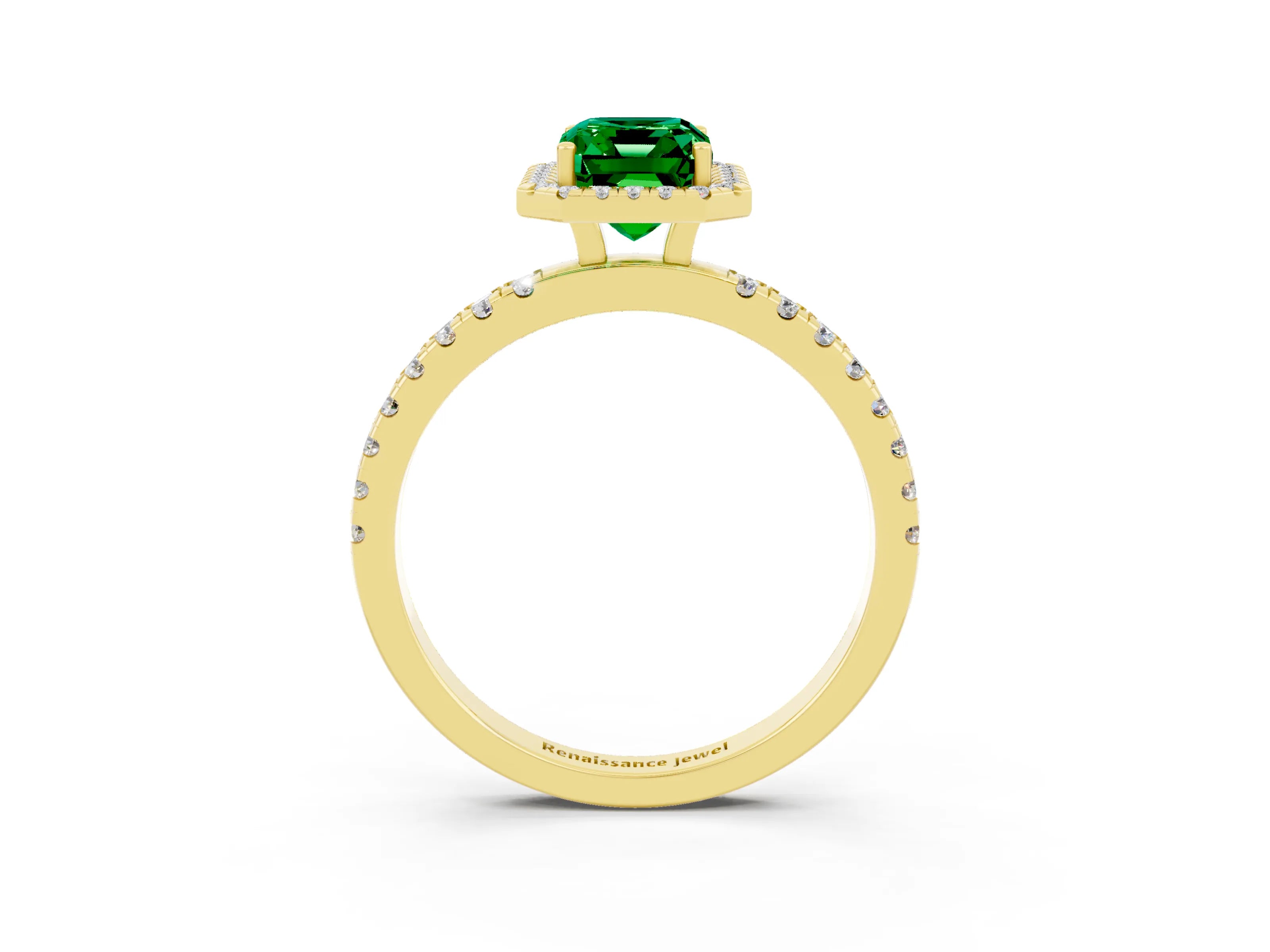Yellow gold Emerald Cut Halo Diamond Pave Band with Prong Setting_3