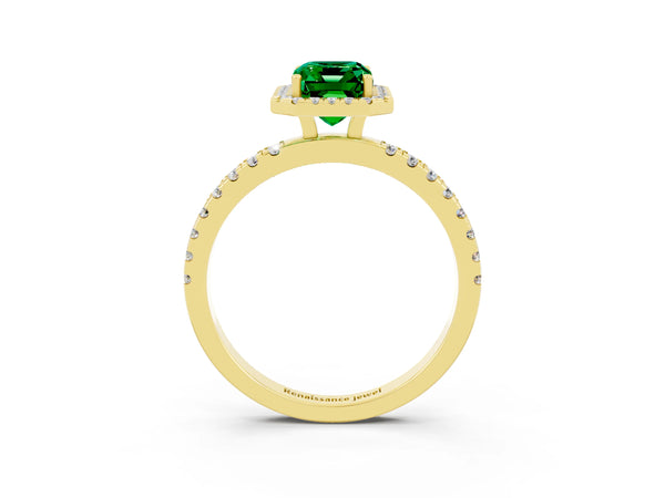 Yellow gold Emerald Cut Emerald Classic Halo Engagement Ring with Round Pavé Band and Prong Setting