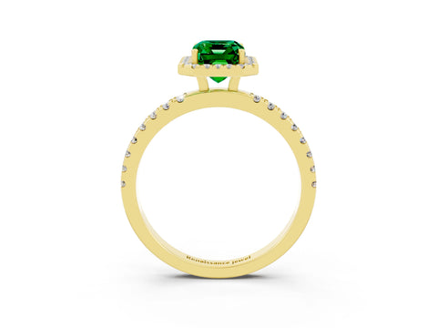 Yellow gold Emerald Cut Halo Diamond Pave Band with Prong Setting_3