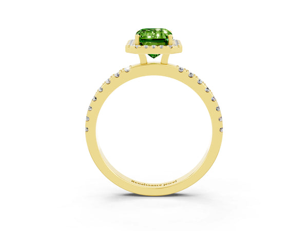 Yellow gold Emerald Cut Halo Diamond Pave Band with Prong Setting