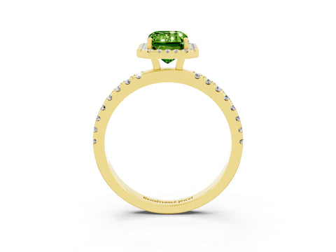 Yellow gold Emerald Cut Halo Diamond Pave Band with Prong Setting_3