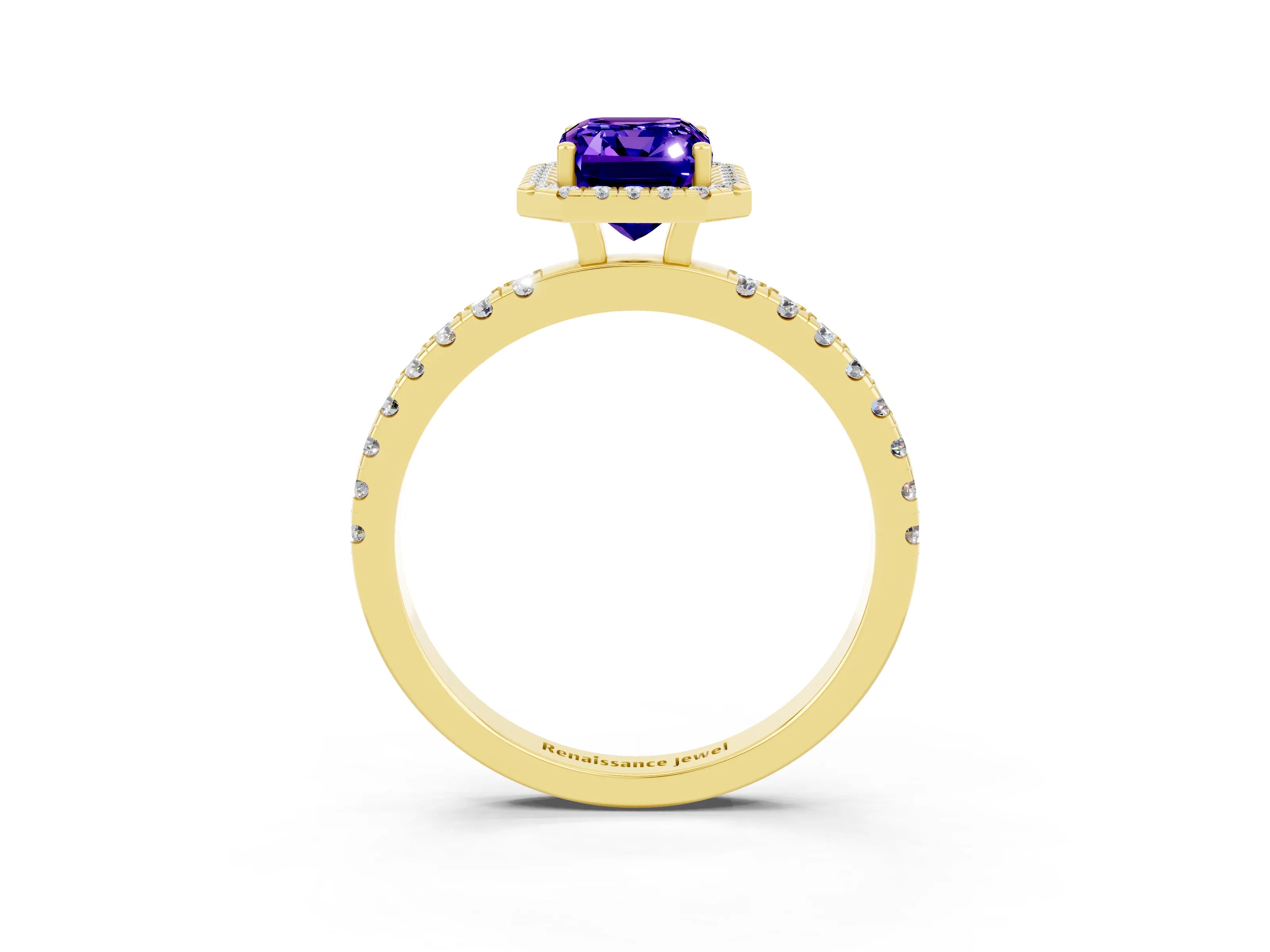 Yellow gold Emerald Cut Halo Diamond Pave Band with Prong Setting_3