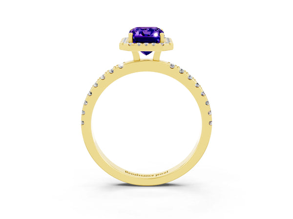 Yellow gold Emerald Cut Tanzanite Classic Halo Engagement Ring with Round Pavé Band and Prong Setting