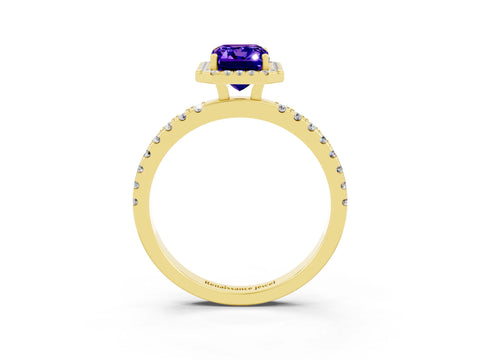 Yellow gold Emerald Cut Halo Diamond Pave Band with Prong Setting_3