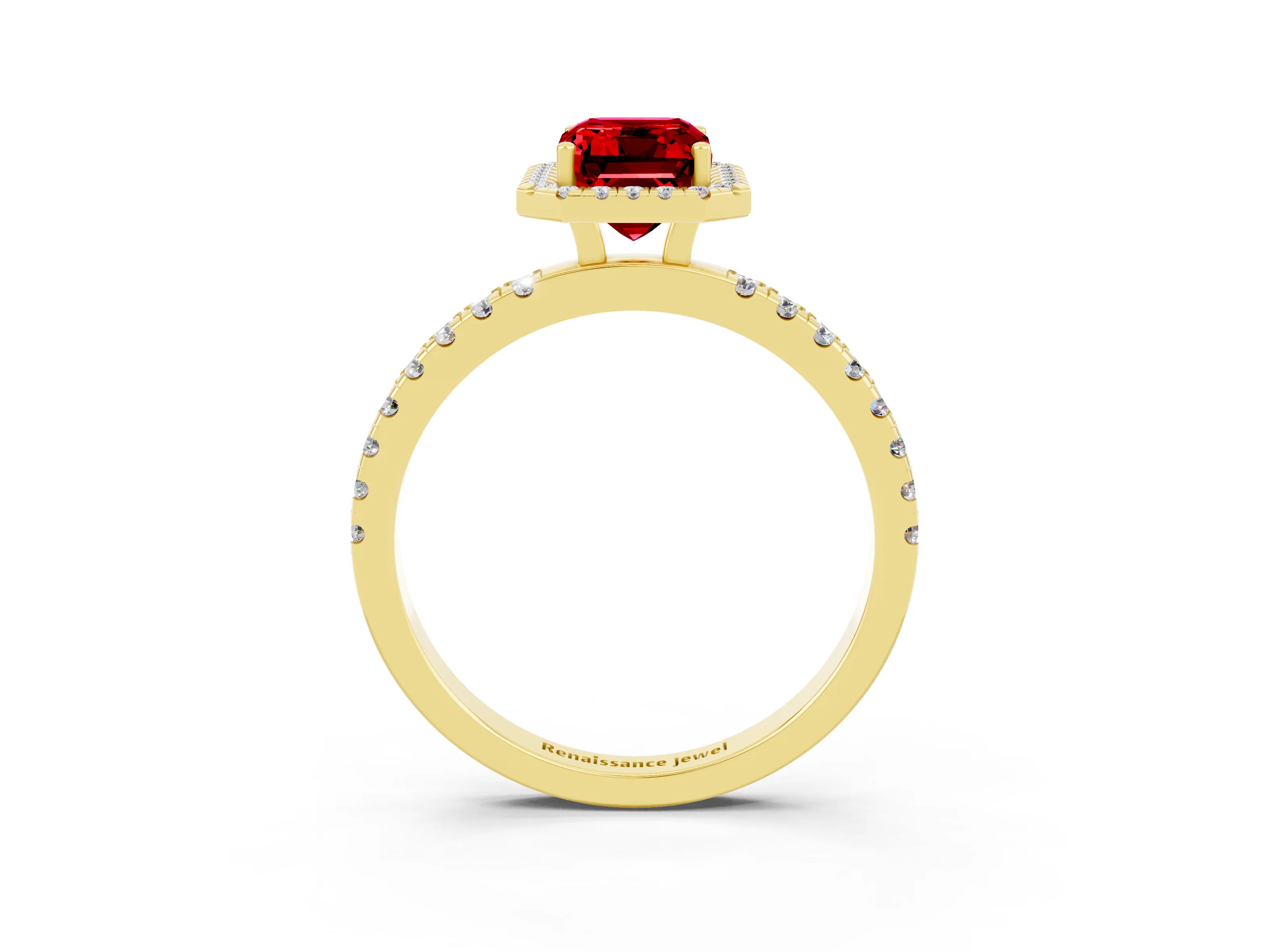 Yellow gold Emerald Cut Halo Diamond Pave Band with Prong Setting_3