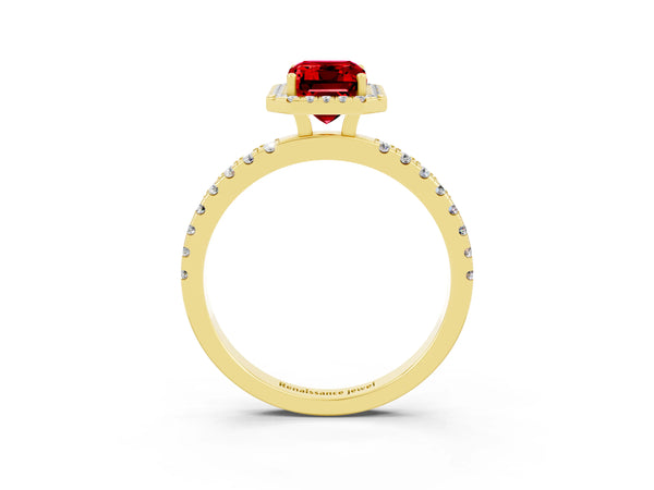 Yellow gold Emerald Cut Halo Diamond Pave Band with Prong Setting