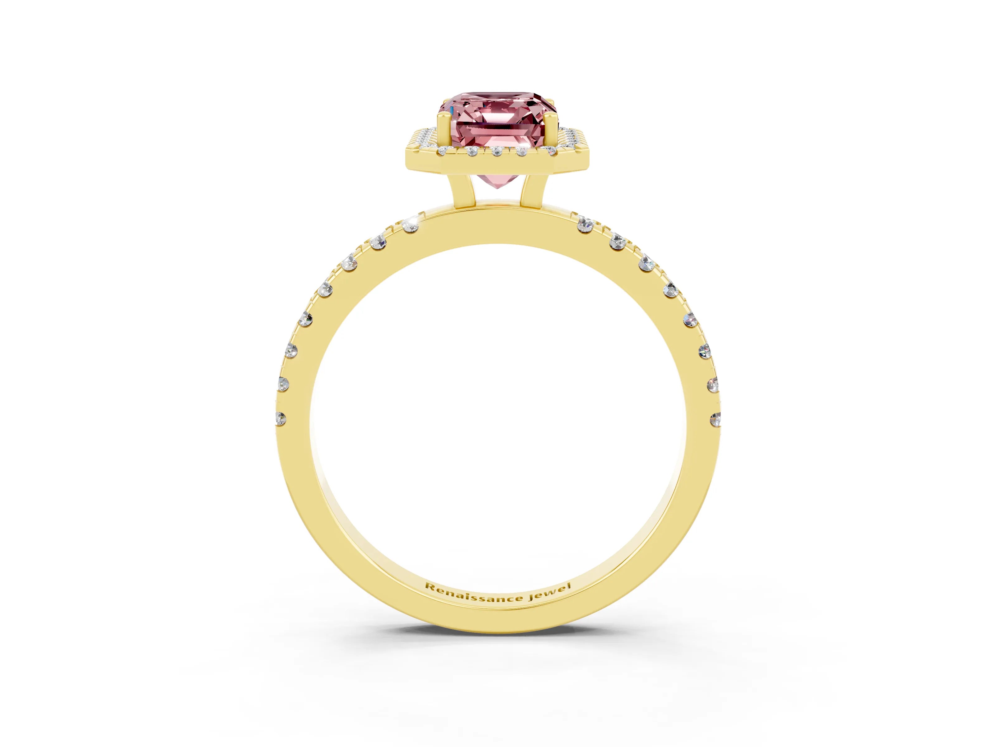 Yellow gold Emerald Cut Halo Diamond Pave Band with Prong Setting_3