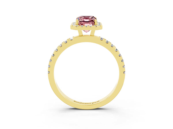 Yellow gold Emerald Cut Halo Diamond Pave Band with Prong Setting