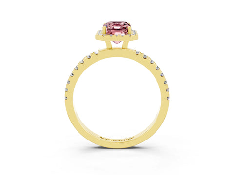 Yellow gold Emerald Cut Halo Diamond Pave Band with Prong Setting_3