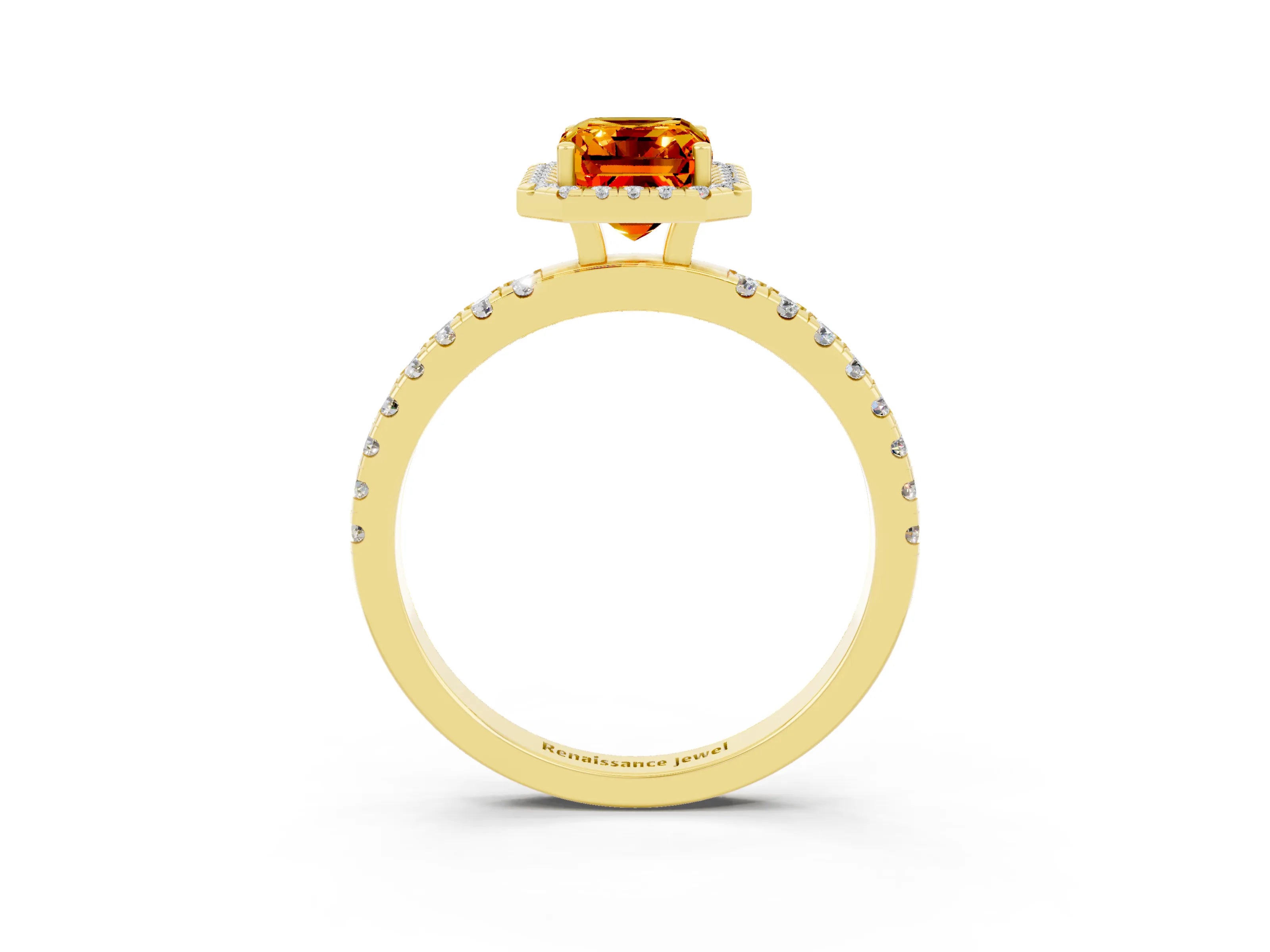 Yellow gold Emerald Cut Halo Diamond Pave Band with Prong Setting_3