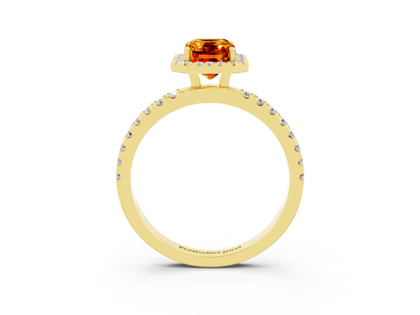 Yellow gold Emerald Cut Citrine Classic Halo Engagement Ring with Round Pavé Band and Prong Setting
