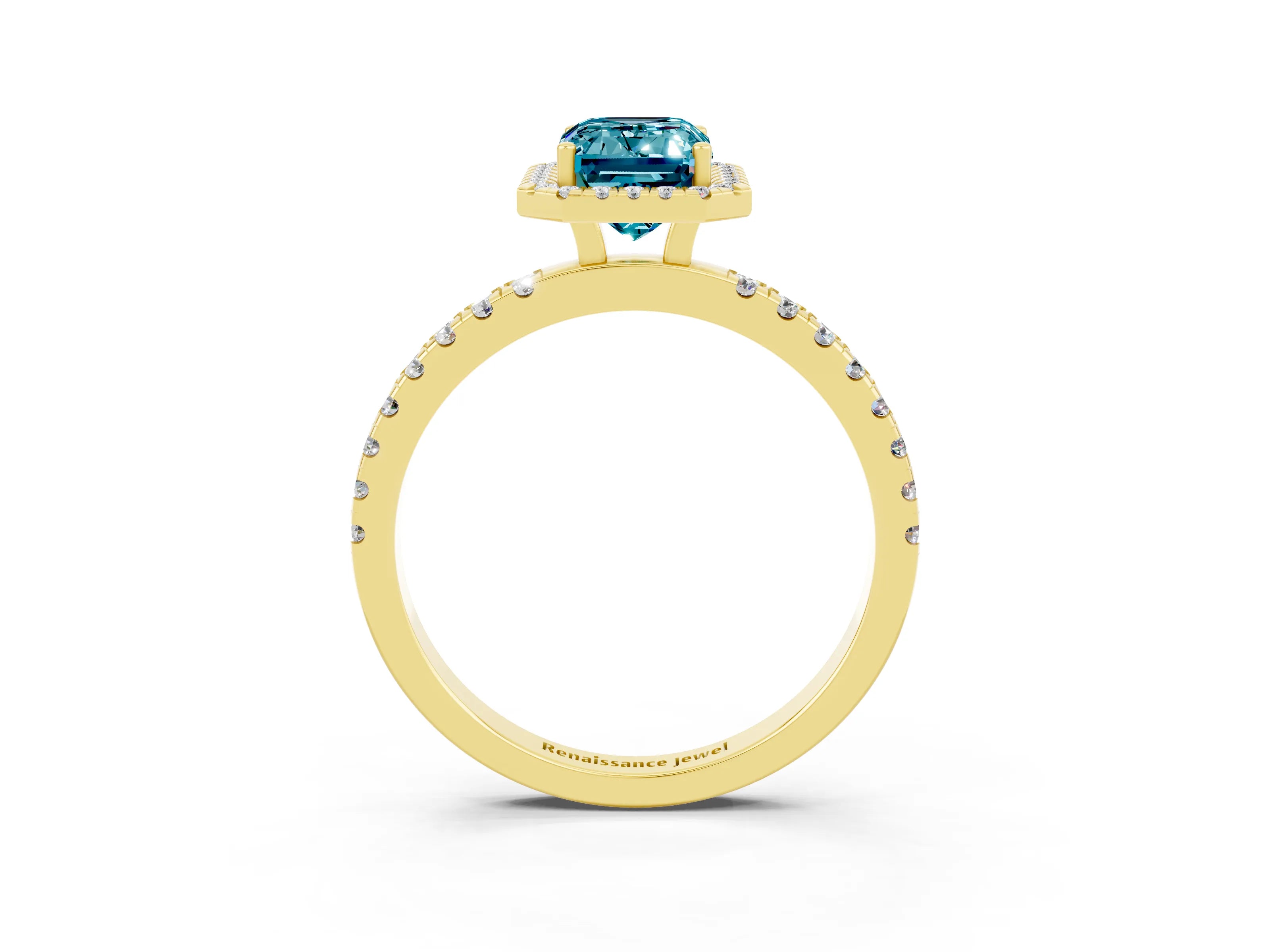 Yellow gold Emerald Cut Halo Diamond Pave Band with Prong Setting_3