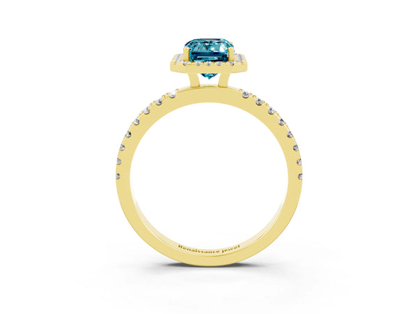 Yellow gold Emerald Cut Halo Diamond Pave Band with Prong Setting