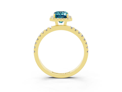 Yellow gold Emerald Cut Halo Diamond Pave Band with Prong Setting_3